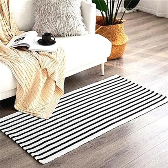 Black and White Striped Outdoor Rug, Cotton, 23.5x34.5 Striped Mat Rug - Picture 4 of 6